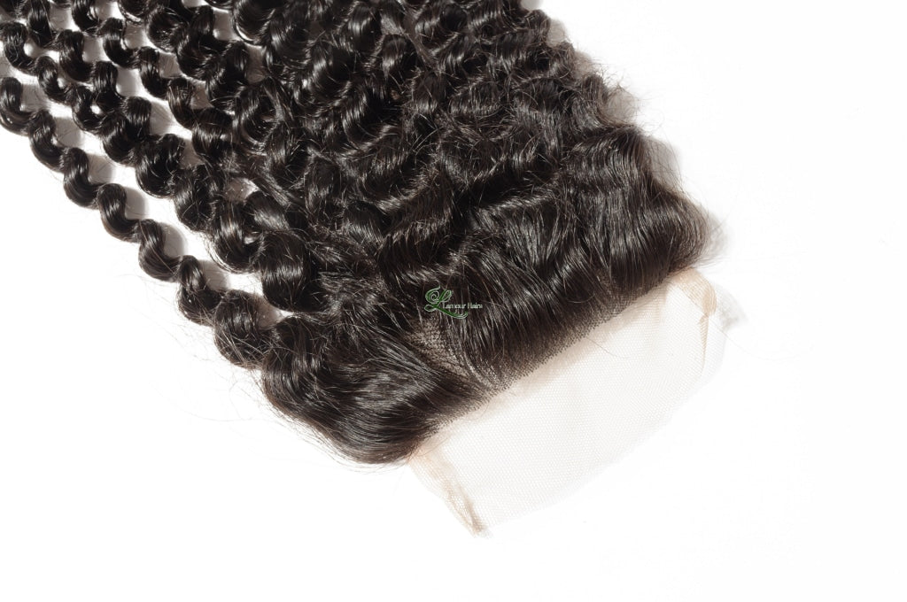 Deep Curly Black 100% Human Hair Weaves Bundles With Lace Frontal Closure