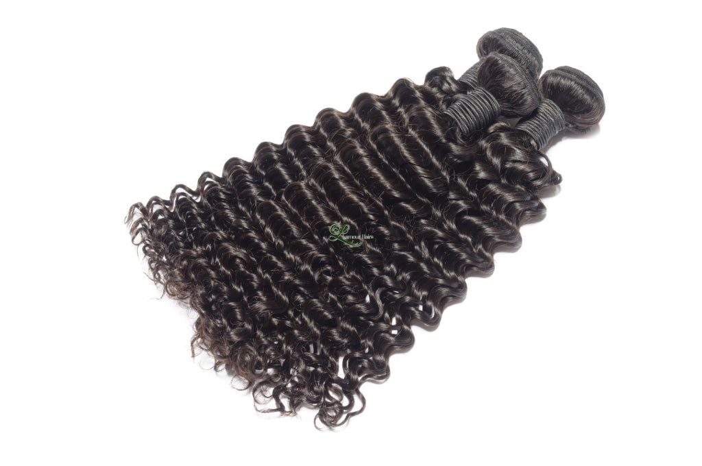 Deep Curly Black 100% Human Hair Weaves Bundles With Lace Frontal Closure