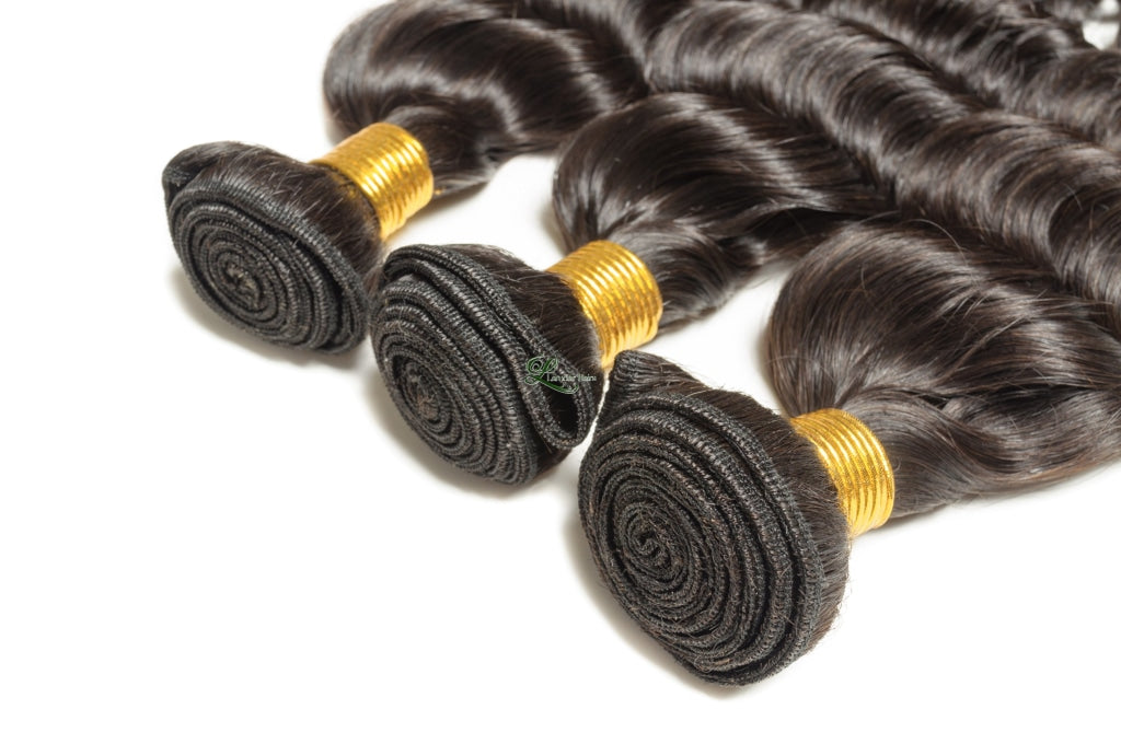 Loose Deep Wave Black 100% Human Hair Weaves Bundles With Lace Frontal Closure