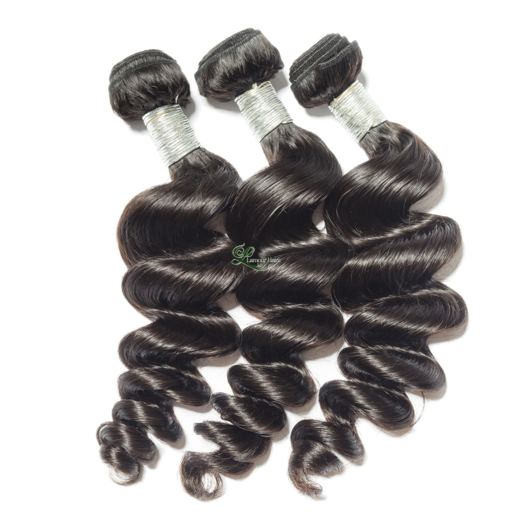 Loose Wave Black 100% Human Hair Weaves Bundles With Lace Frontal Closure