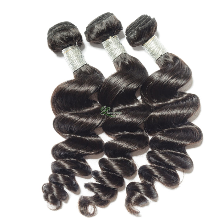 Loose Wave Black 100% Human Hair Weaves Bundles With Lace Frontal Closure