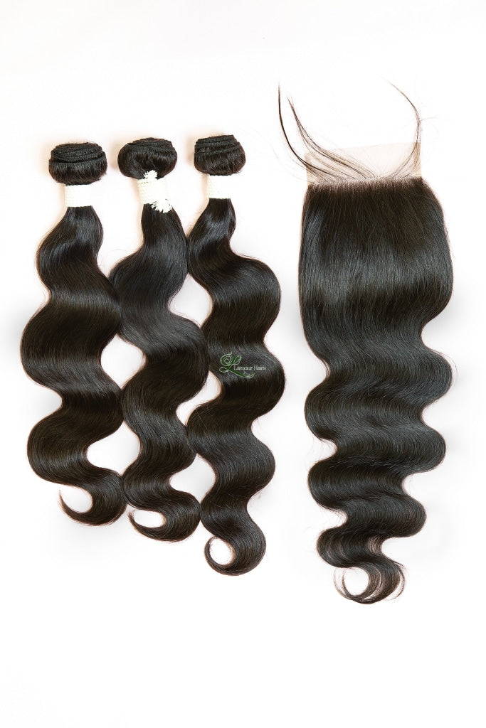 Loose Wave Black 100% Human Hair Weaves Bundles With Lace Frontal Closure