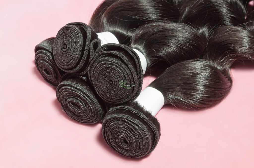 Loose Wave Black 100% Human Hair Weaves Bundles With Lace Frontal Closure