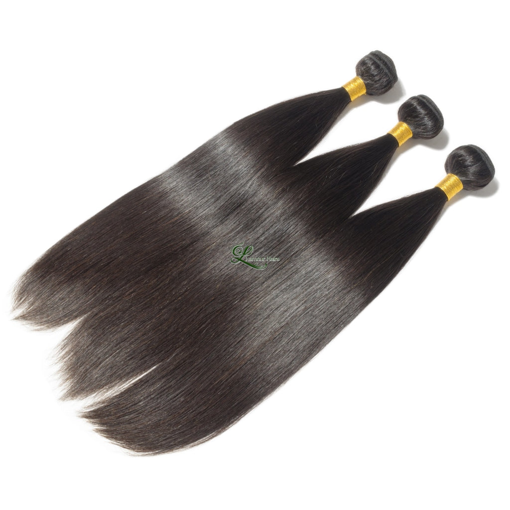 Natural Straight Black 100% Human Hair Weaves Bundles With Lace Frontal Closure