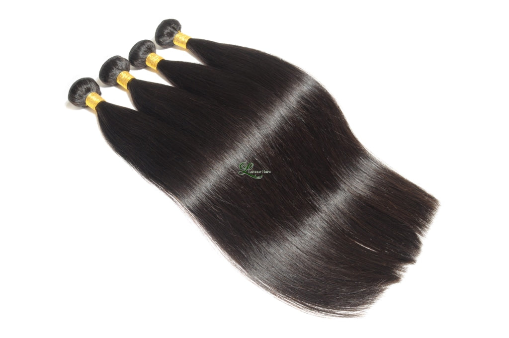 Natural Straight Black 100% Human Hair Weaves Bundles With Lace Frontal Closure